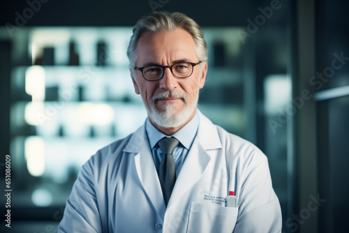 Man in lab coat and tie standing in front of wall.