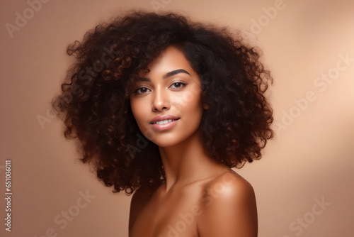 Woman with large afro is smiling for the camera.