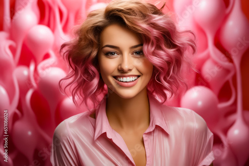 Woman with pink hair and pink shirt smiling.