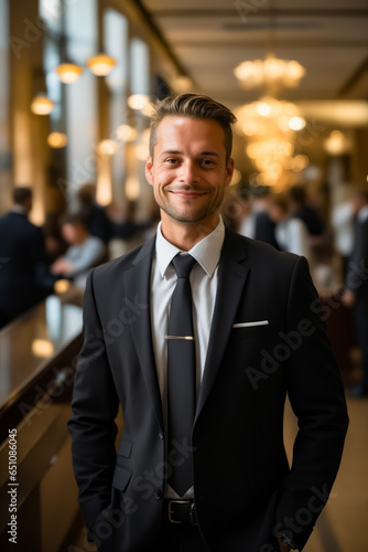Man in suit and tie standing in lobby. © valentyn640