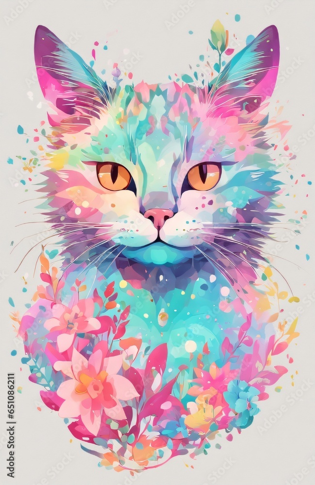 painting of a colorful cat with blue eyes psychedelic art made of flowers digital illustration color Generative AI