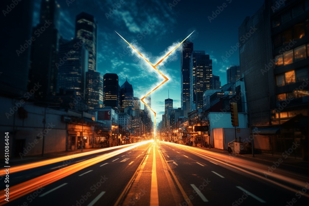 A glowing angled arrow against a fuzzy cityscape; symbolizing progress and success. Generative AI