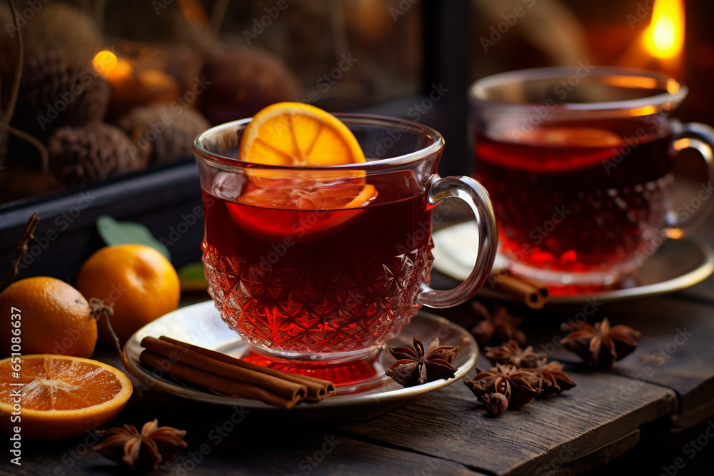 A glass of christmas Mulled wine with aromatic oranges and spices on wooden background. Christmas spirit. Winter hot drink A glass of christmas Mulled wine with aromatic oranges and spices on wooden background. Christmas spirit. Winter hot drink