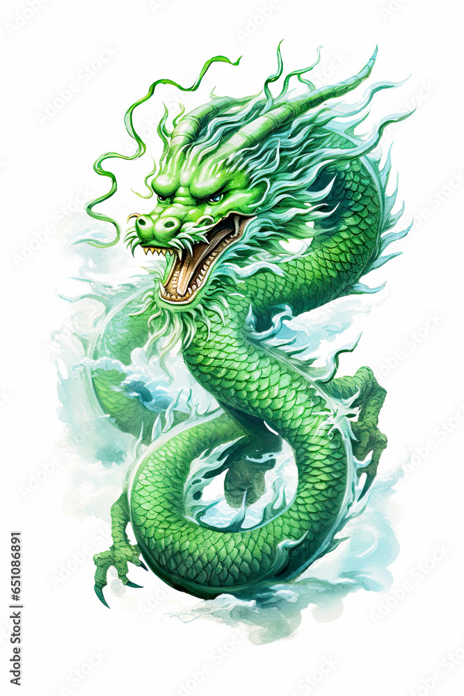 Green watercolor style dragon isolated on white background. Chinese New Year 2024 zodiac sign, year of the Dragon. Mythological creature. Illustration of fantastic monster for postcard, book, poster Green watercolor style dragon isolated on white background. Chinese New Year 2024 zodiac sign, year of the Dragon. Mythological creature. Illustration of fantastic monster for postcard, book, poster
