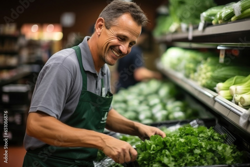 Caucasian male seller puts fresh vegetables and greenery on the shelf