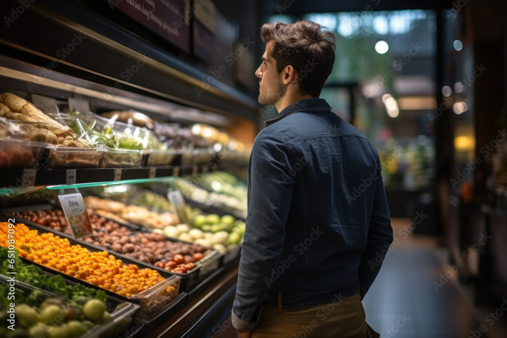 Attractive man in casual clothes looking at goodies in grocery store. Attractive man in casual clothes looking at goodies in grocery store.