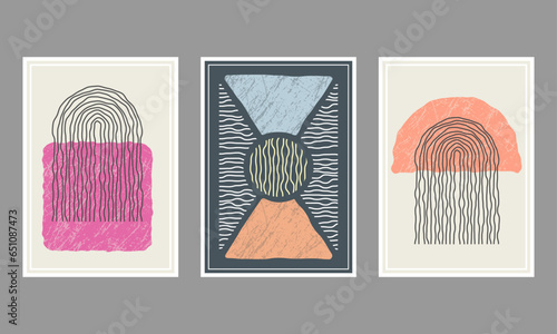 Abstract composition of distorted geometric shapes. A collection of posters or paintings in a minimalist style. Layout of interior design, prints and creative ideas