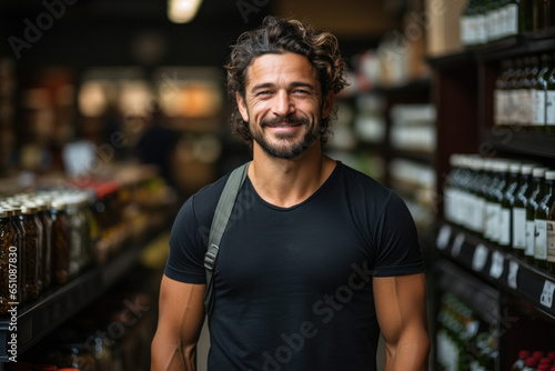 Caucasian male shopper in a grocery store in a shopping mall