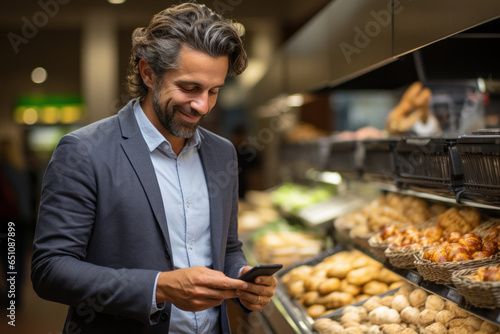 Businessman in grocery store, checking shopping list on phone