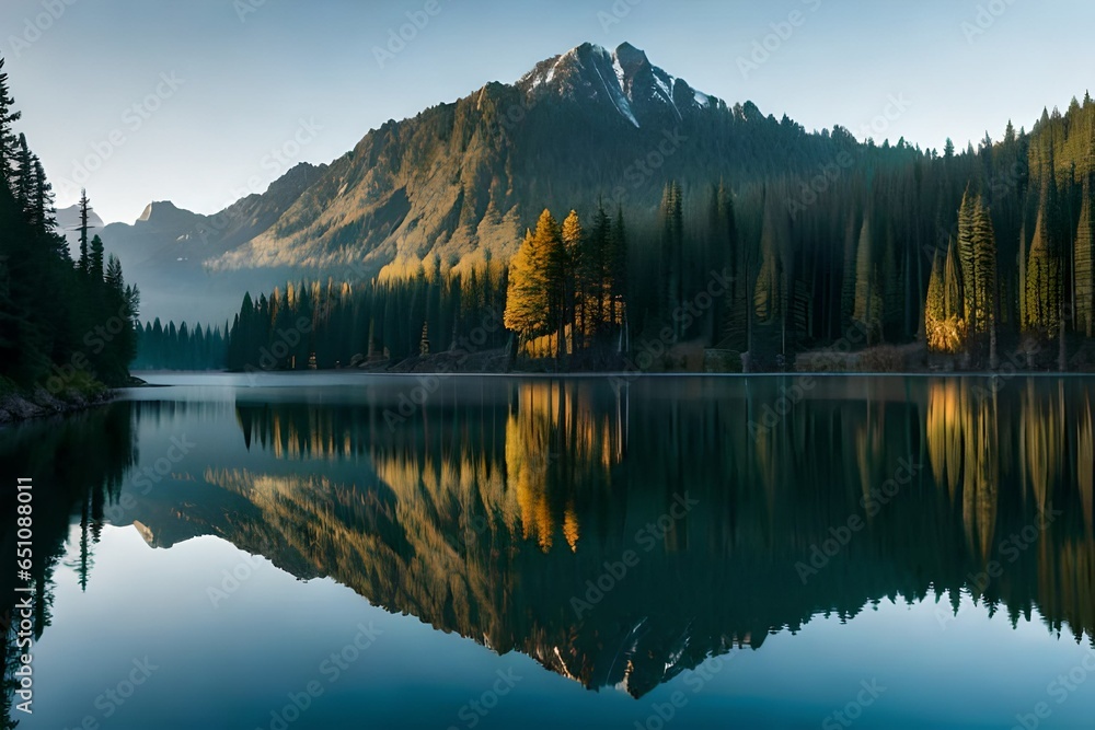 a tranquil lakeside forest with a reflection of towering pine trees in the water