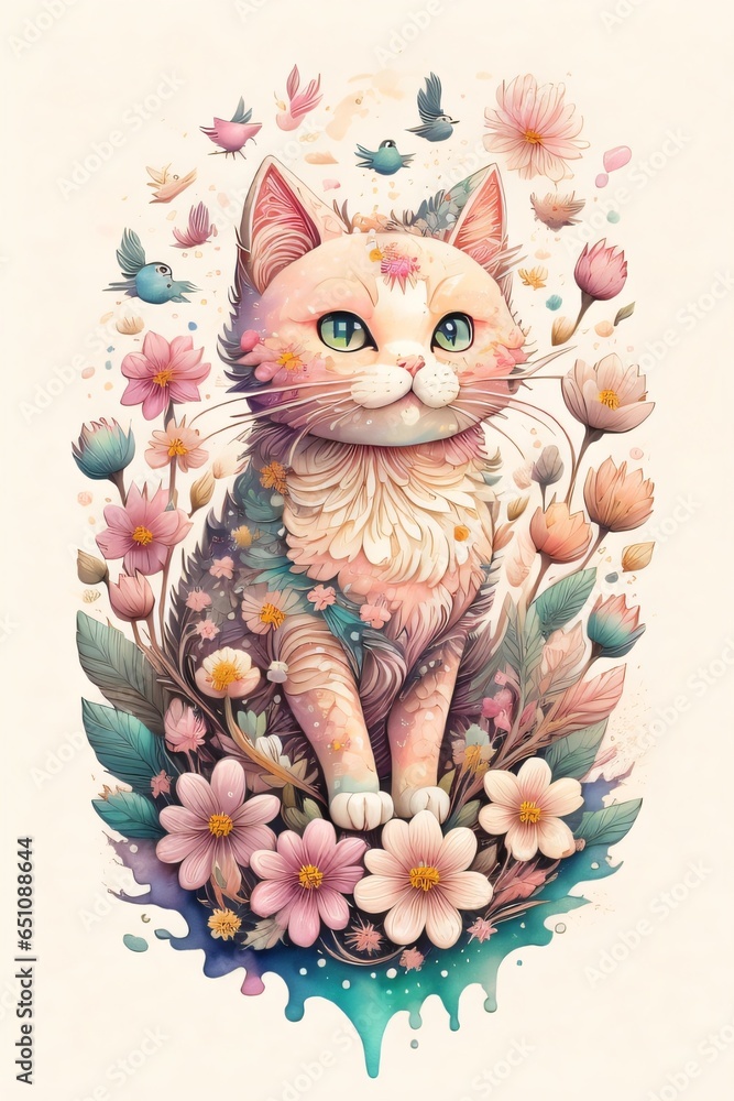 Fototapeta premium painting of a colorful cat with blue eyes psychedelic art made of flowers digital illustration color Generative AI