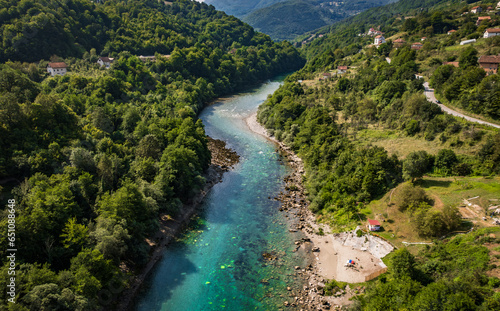Tablou pe pânză Aerial drone view of valley of the Drina river in Bosnia and Herzegovina in sunny weather