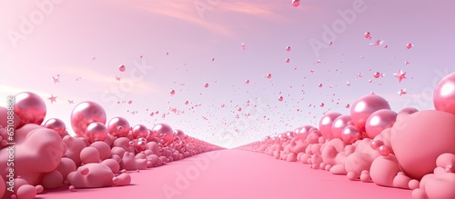a red carpet among colorful balls on a pink background