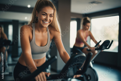 Training on exercise bikes in small groups under the guidance of an experienced trainer. A small group of young women during a cycling workout. © Stavros