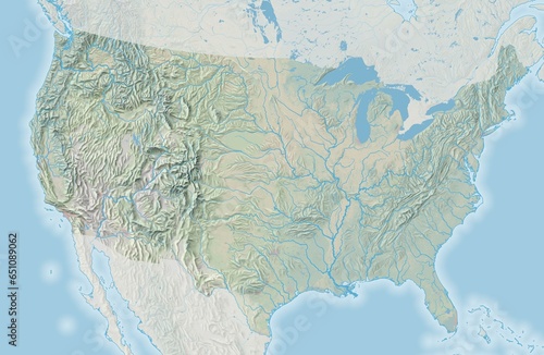 Topographic map of the contiguous United States of America with colored landcover