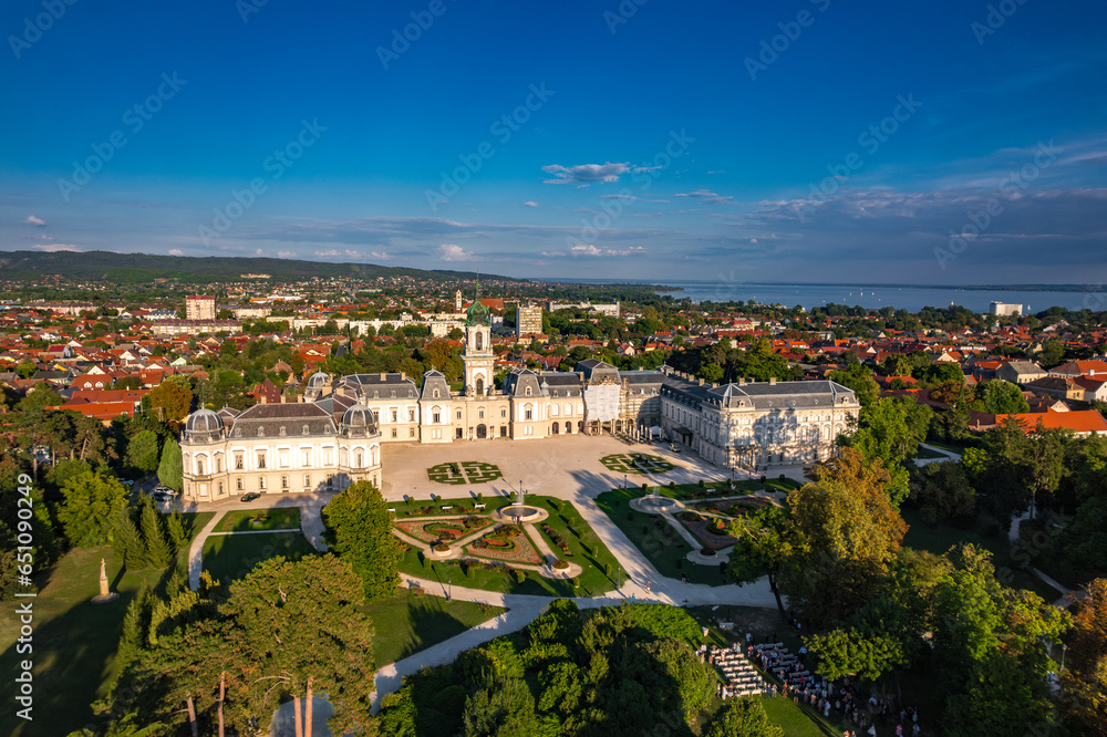 Aerial drone view of The Festetics Palace, Baroque palace located in the Keszthely, Zala, Hungary.