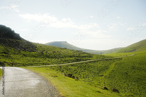 Stunning view of green mountains and trails at the foothills of the French Pyrenees, part of the Camino de Santiago. Perfect for nature, travel, and adventure projects.
