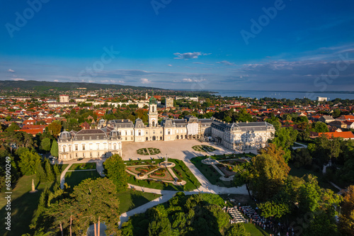 Aerial drone view of The Festetics Palace, Baroque palace located in the Keszthely, Zala, Hungary.