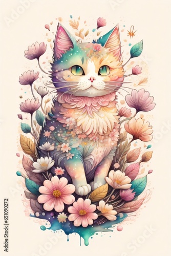 painting of a colorful cat with blue eyes psychedelic art made of flowers digital illustration color Generative AI