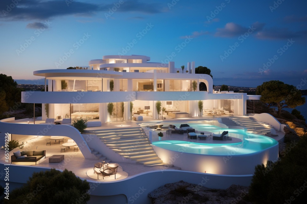 Realistic portrayal of extravagant Ibiza villa set amidst modern architecture and serene surroundings. Generative AI
