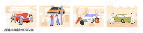 Auto repair service set. Mechanics lift car, change tire, fix breakdown in garage. Experts painting automobile, inspect engine, fitting tyre in workshop. Vehicle diagnostic flat vector illustration