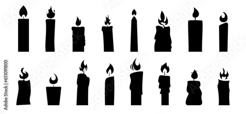 Set of black candle icons for Christmas, New Year celebration. Candle symbol collection. Black candle silhouettes for religion commemorative