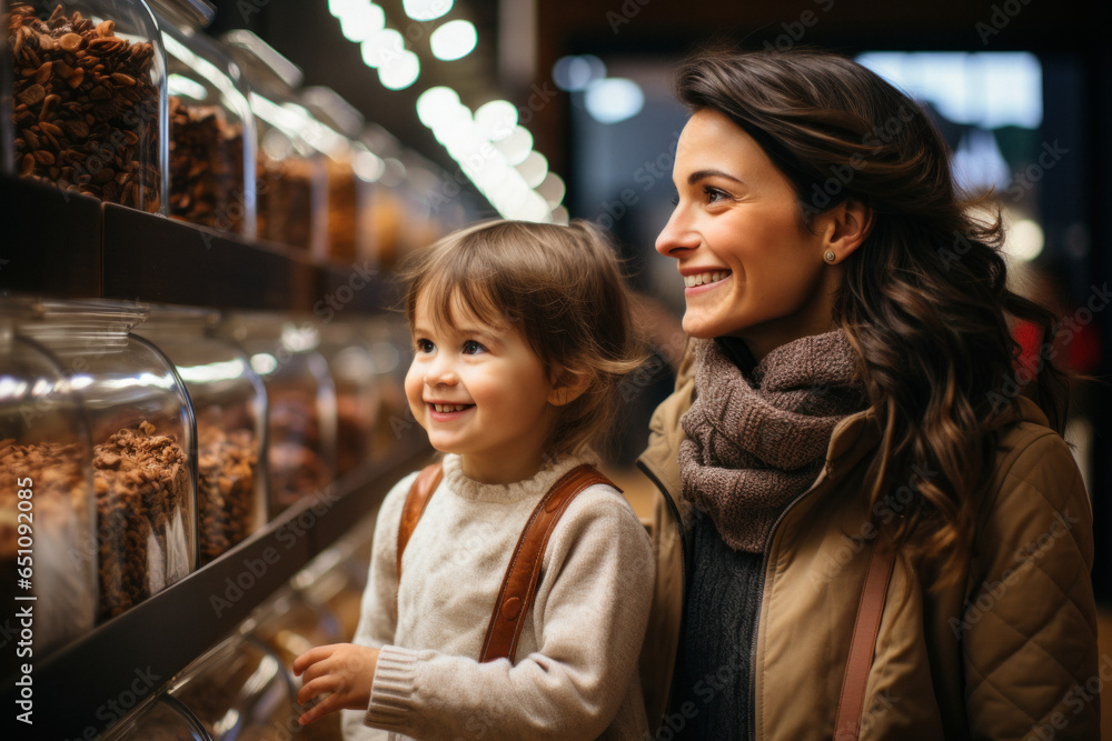Family with mom and little daughter shopping in a grocery store Family with mom and little daughter shopping in a grocery store