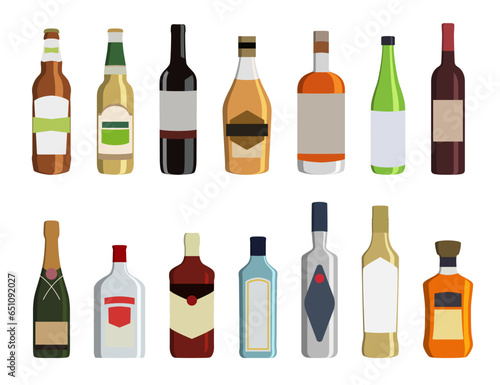 Alcohol drinks bottle icons in a flat design. Alcoholic beverages in bottles. Alcohol bottle icons isolated