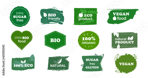 Natural, organic, eco, fresh, bio food product green badge in grunge brush and recycle arrow. Set of green grunge texture for product