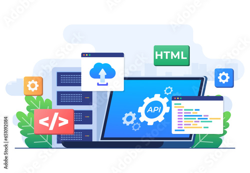 Application Programming Interface concept, API provides the interface for communication between applications, Software development tool, Internet and networking, simplifying application integration 