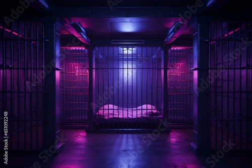 Modern prison cell with metallic bars and vibrant purple neon lights. Generative AI