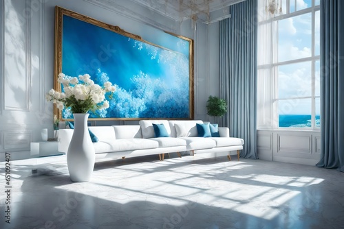 luxury sofa of white colors with  blue background, on the wall beautiful painting, landscape view seen through the window photo