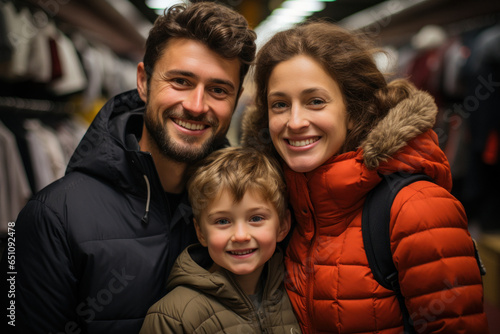 Family with mom dad and little son shopping in a clothes store