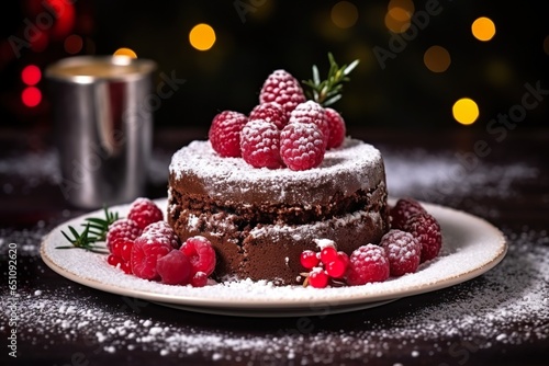 Chocolate cake with raspberries and icing sugar on the Christmas background 