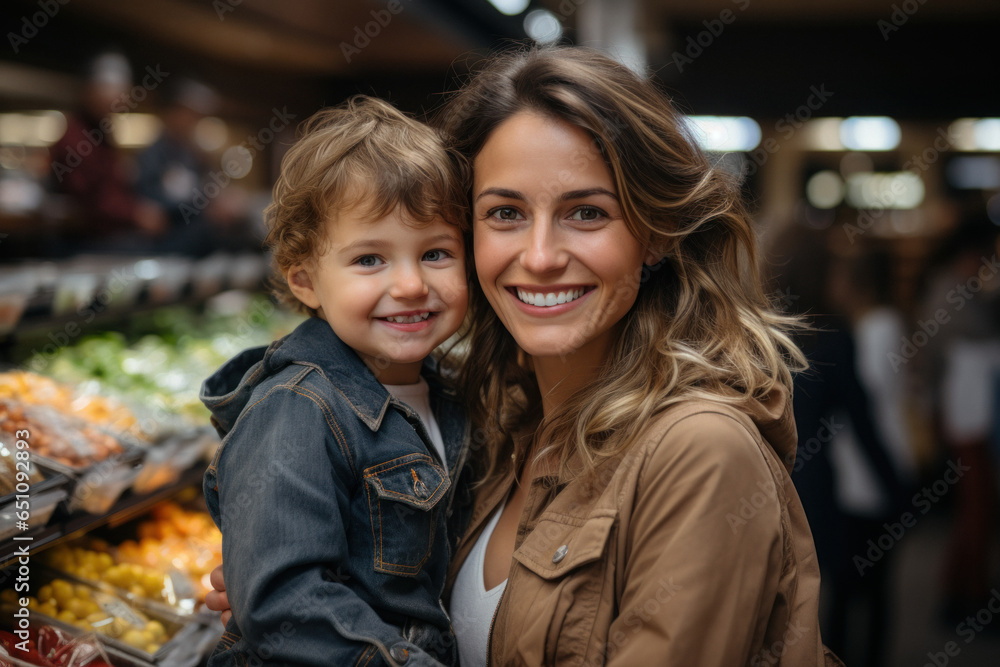 Family with mom and little son shopping in a grocery store Family with mom and little son shopping in a grocery store