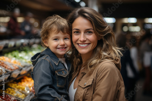 Family with mom and little son shopping in a grocery store