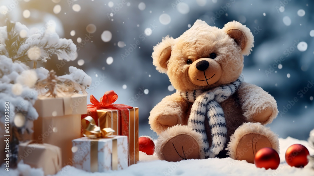 Christmas card. teddy bear with gifts in the winter forest under snowfall. Generative Ai