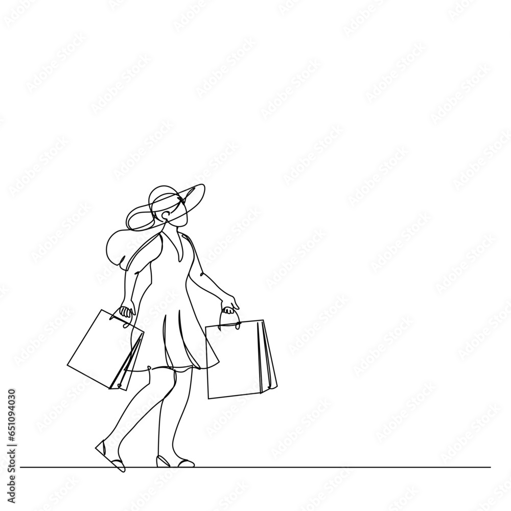 Black Friday Shopping day Continuous one line drawing of pretty woman and holding paper bags after shopping . Young woman holding shopping bags Black Friday line art vector illustration EPS10