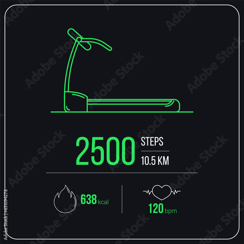 Treadmill work out gadget, vector illustration. Dark mode fitness exercise dashboard. Showing heart rate and fat burning infographics. Template concept design.