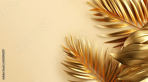 Gold colored tropical palm leaves on beige background AI Generated