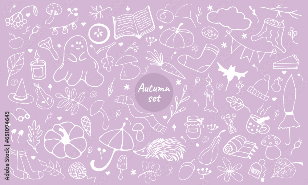 Vector doodle illustration. Large autumn set on a white background. Autumn mood. Patern. Hand drawing. Vector doodle illustration. Large autumn set on a white background. Autumn mood. Patern. Hand drawing.