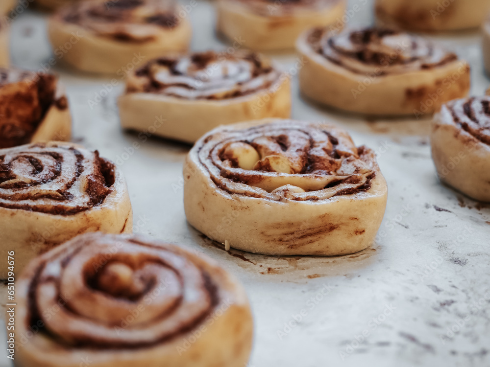 Uncooked cinnamon roll buns