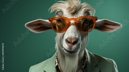 Portrait of goat in eyeglasses on green background. © andranik123