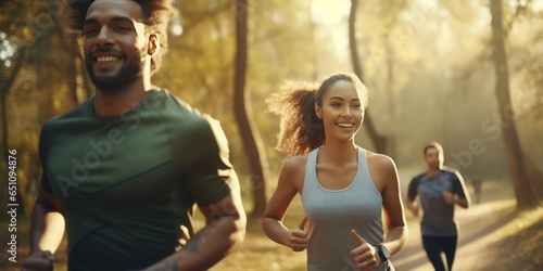 A multiethnic group of friends of different genders and ages during a running workout in the park. Joint training to motivate youth and maintain health in middle age.