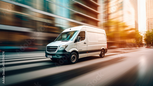 Fotografia White modern delivery small shipment cargo courier van moving fast on motorway road to city urban suburb