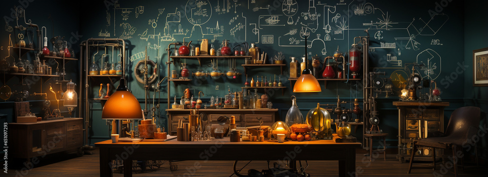 educational wallpaper with a chalkboard filled with science formulas and lab equipment illustrations.