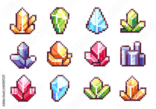 Pixel Art Crystal Icons Collection. Retro 8bit Video Game Treasures, Loot Recourses and Slot Machine Symbols. Vector Gaming Assets and Decorative Elements.