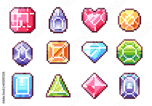 Pixel Gems Collection. Vintage 90s Arcade Loot or Collectibles and Slot Machine Icons. Brilliant 8bit Gemstones Design Set in Red, Blue, Green and Yellow Colors. Retro Video Game Assets and Symbols.