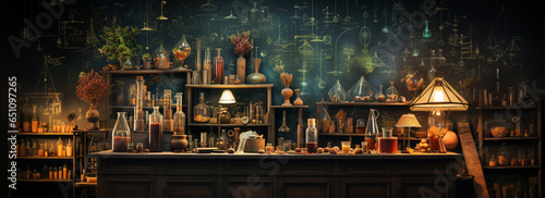 educational wallpaper with a chalkboard filled with science formulas and lab equipment illustrations.