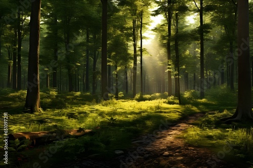 A tranquil forest glade with dappled sunlight. © Tachfine Art